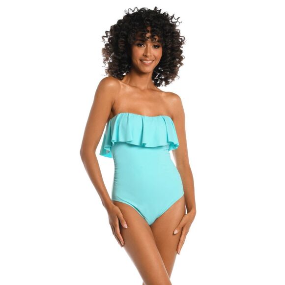 NWT La Blanca Island Goddess Ruffled Bandeau One Piece Swimsuit in Seafoam Sz 8 - Picture 2 of 14